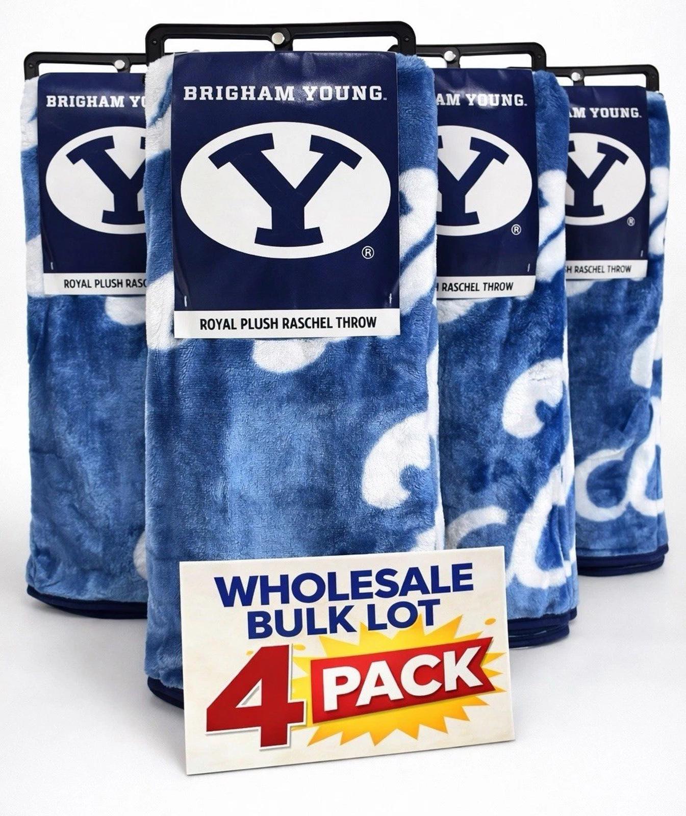 Bulk Lot of (4) New In Case BYU Cougars Plush Raschel Throw Blankets 50”x60”