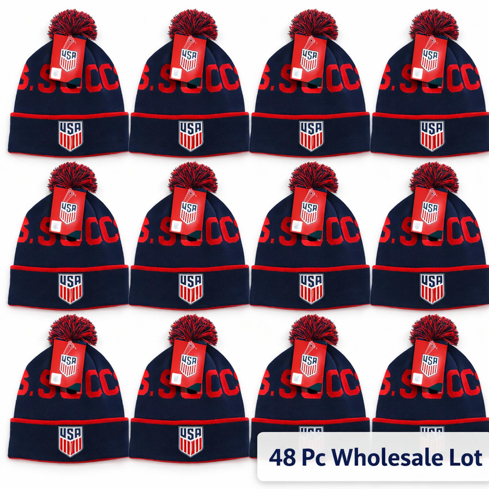 Wholesale Case Lot Of 48 Icon Sports USA Cuff Pom Beanie Hats Red Blue Gray NWT