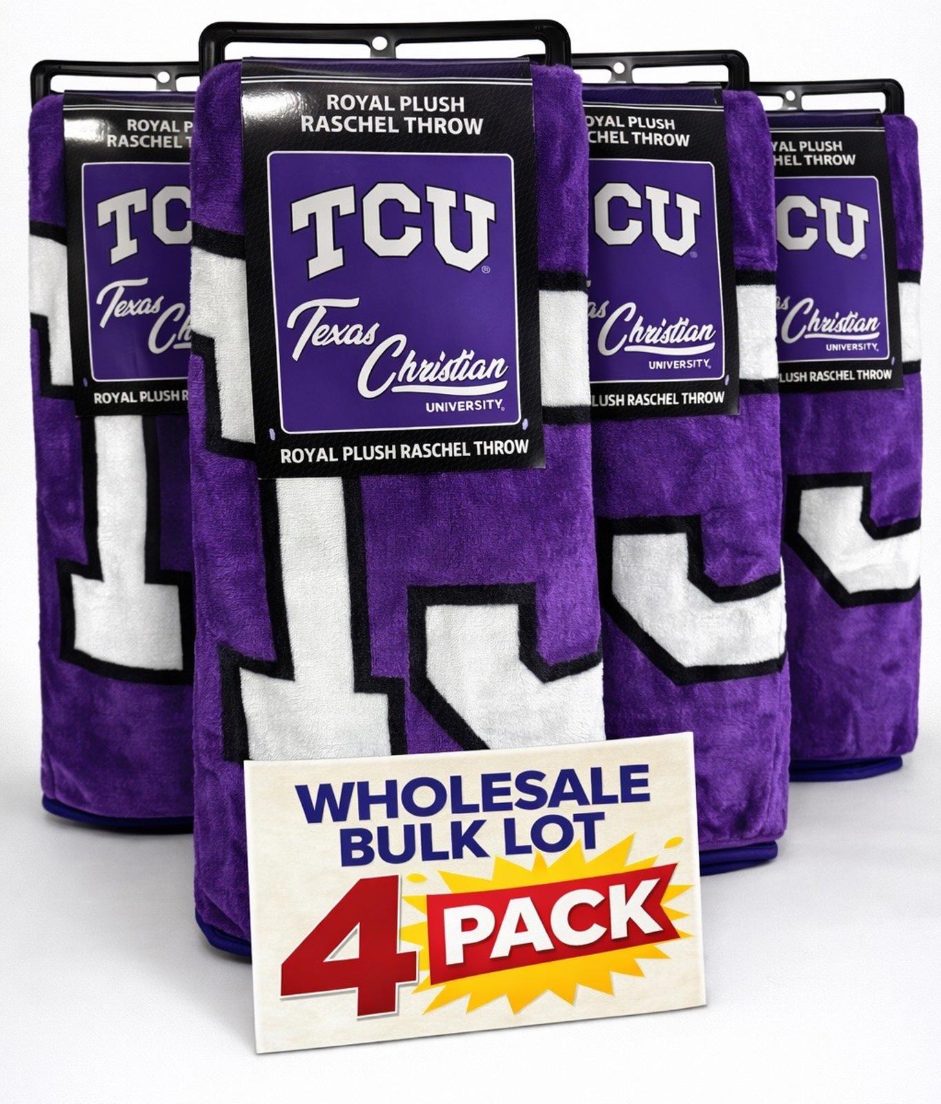Bulk Lot of 4 New In Case TCU Horned Frogs Plush Raschel Throw Blankets 50”x60”