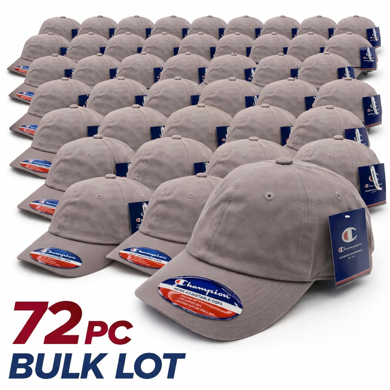 Bulk Reseller Lot of (72) Champion Gray Baseball Hats Adjustable OSFA NWT