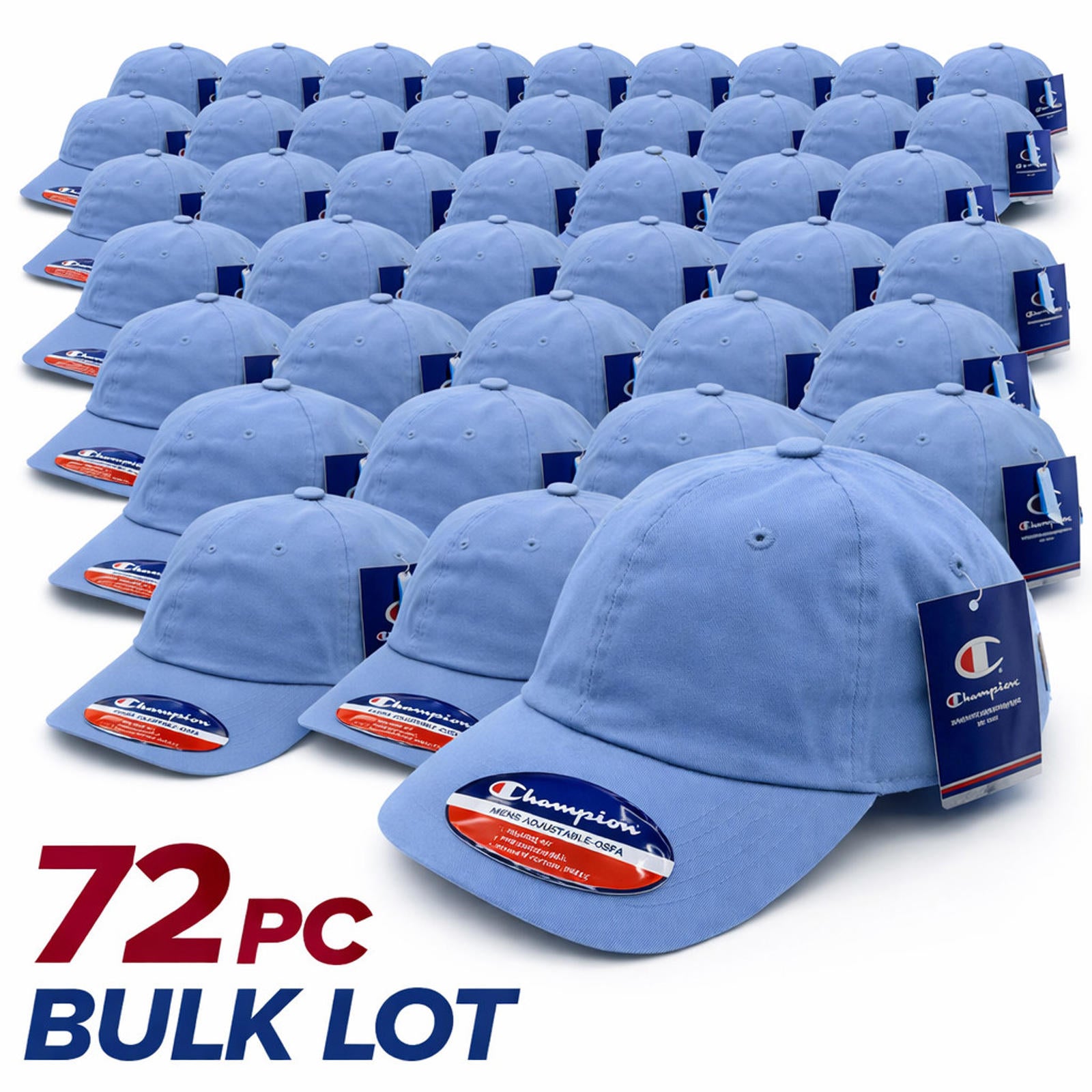 Bulk Reseller Lot of (72) Champion Light Blue Baseball Hats Adjustable OSFA NWT