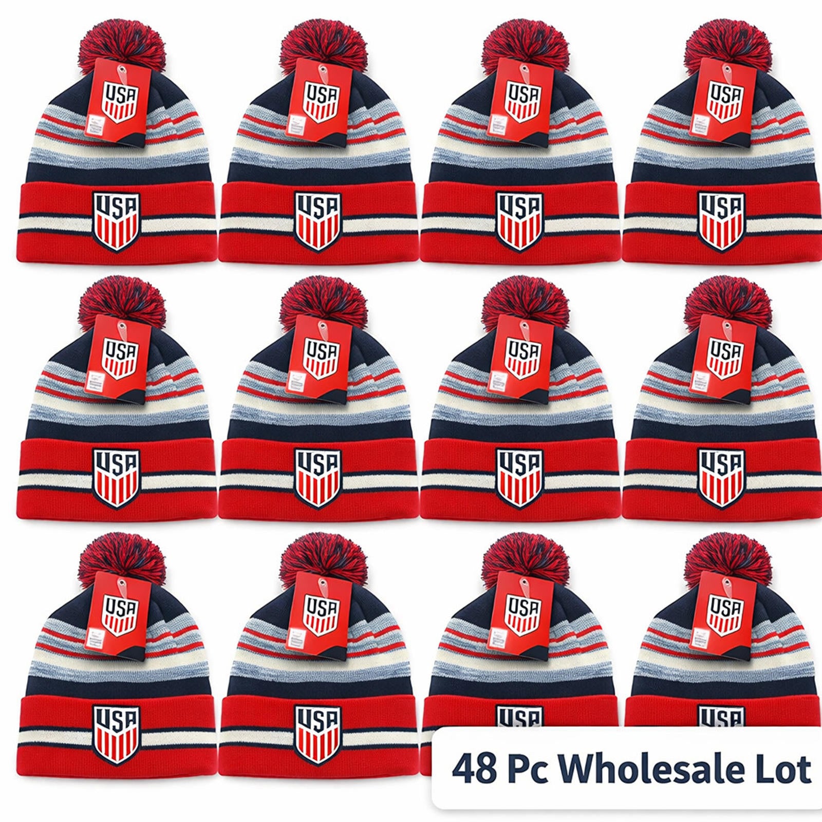 Wholesale Case Lot Of 48 Icon Sports USA Cuff Pom Beanie Hats Red Blue Gray NWT