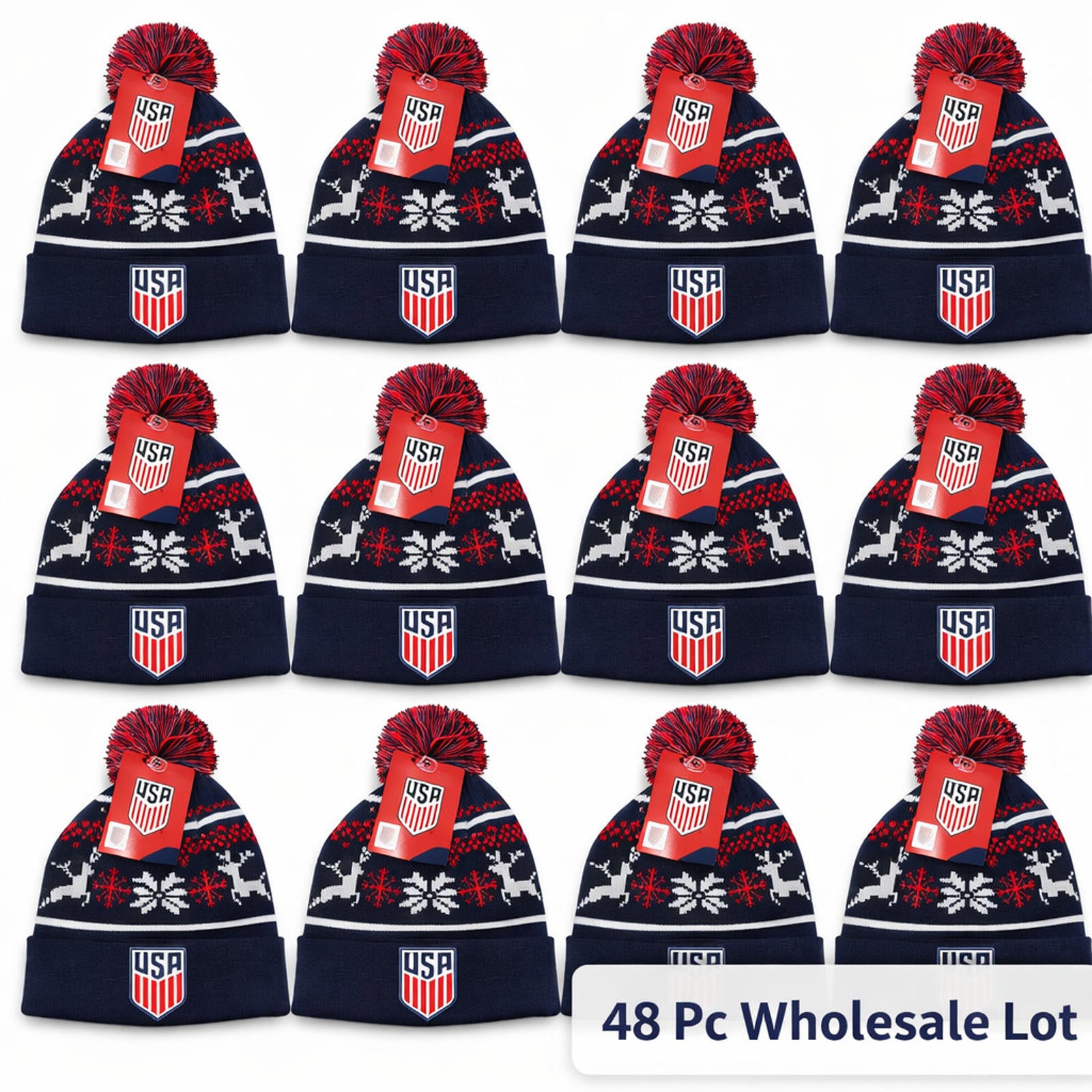 Wholesale Case Lot Of 48 Icon Sports USA Cuff Pom Beanie Hats Red Blue Gray NWT