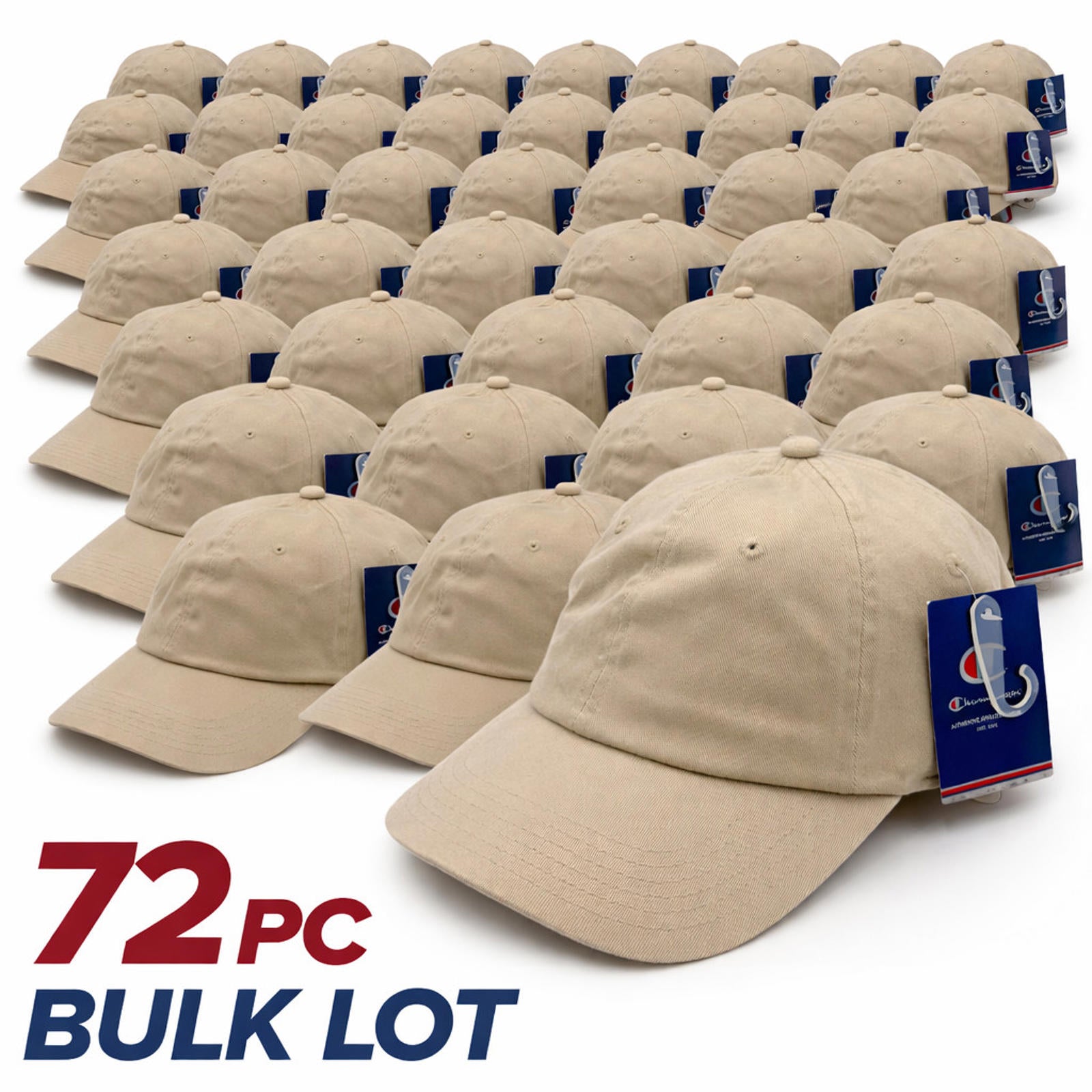 Bulk Reseller Lot of (72) Champion Beige Baseball Hats Adjustable OSFA NWT